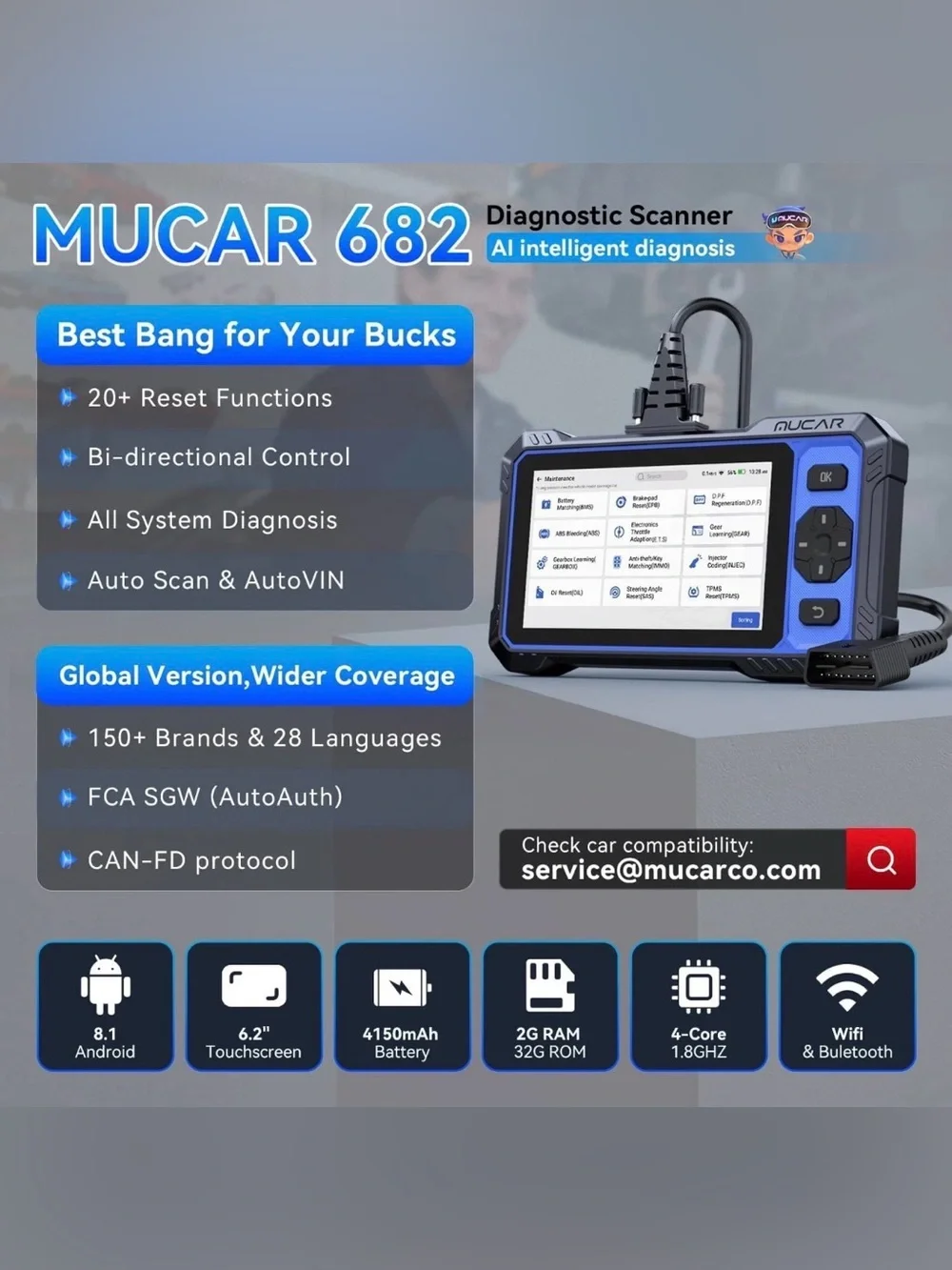 MUCAR 682 AI-Assist Diagnostic Scanner Full System Scan 20 Services CANFD